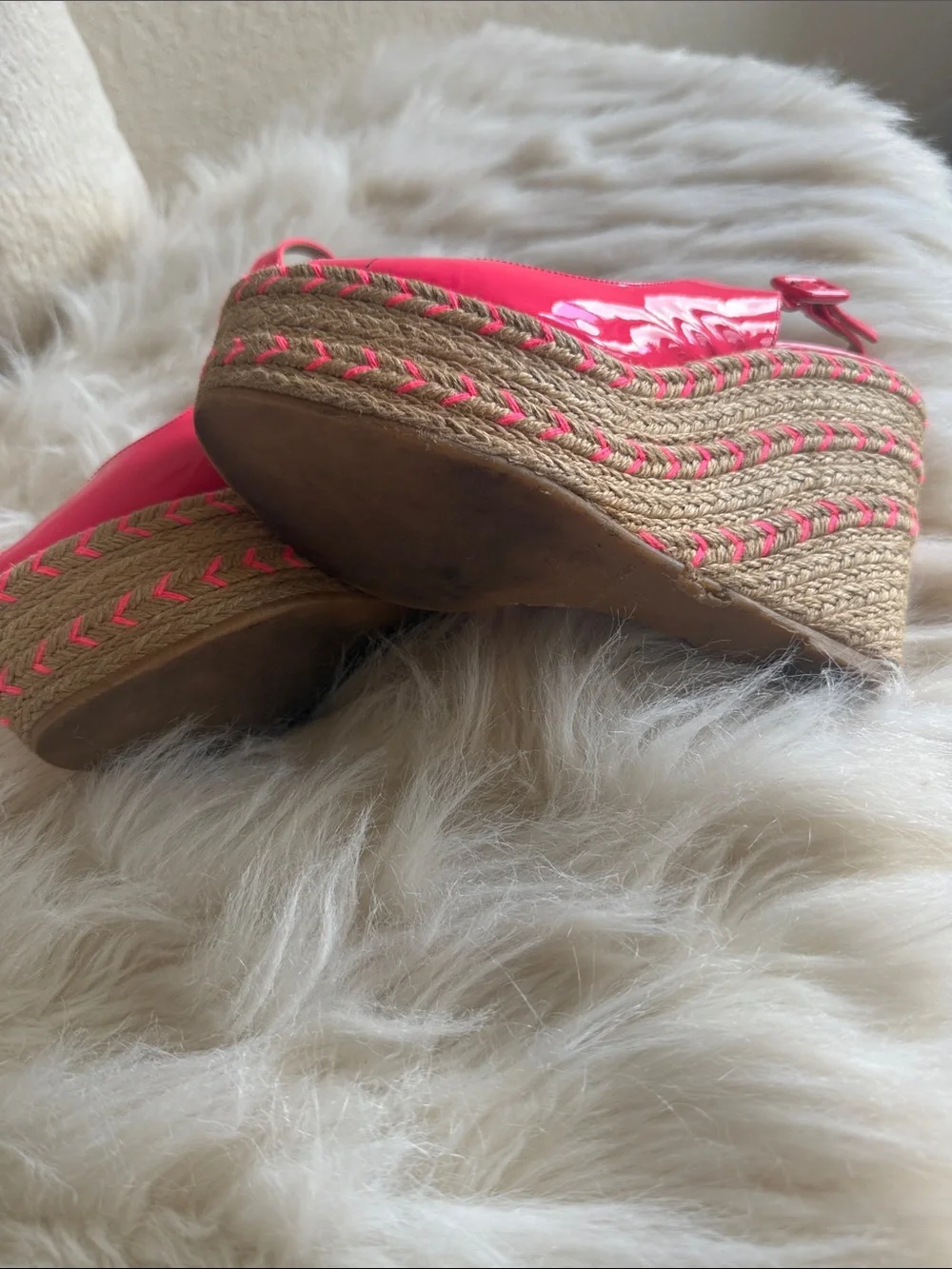 Valentino Hot Pink Patent Leather Espadrille Wedge Slingbacks